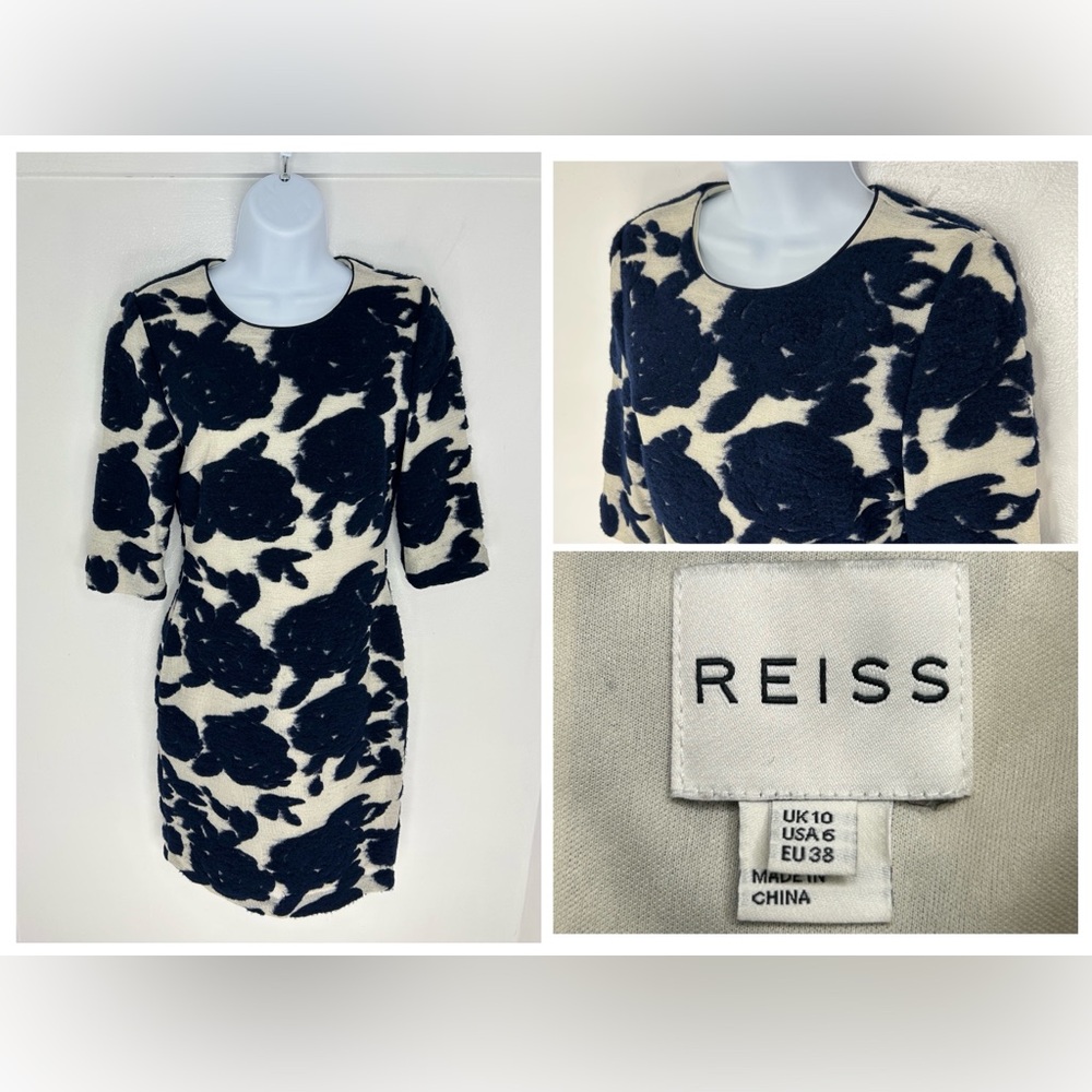 Reiss Leila Floral Burnout Bodycon Dress Size 6 Wool Blend 3/4 Sleeve Cocktail‎